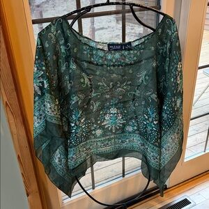 Mileage 100%Silk Bohemiam Green Paisley Jacquard Women's Sz. S Shawl Cape Tunic